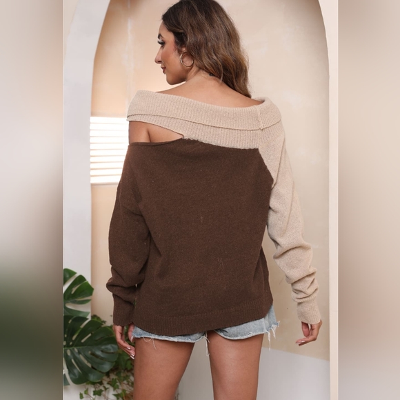 Coffee Brown Asymmetrical Long Sleeve Two-Tone Cutout Sweater - Picture 3 of 3